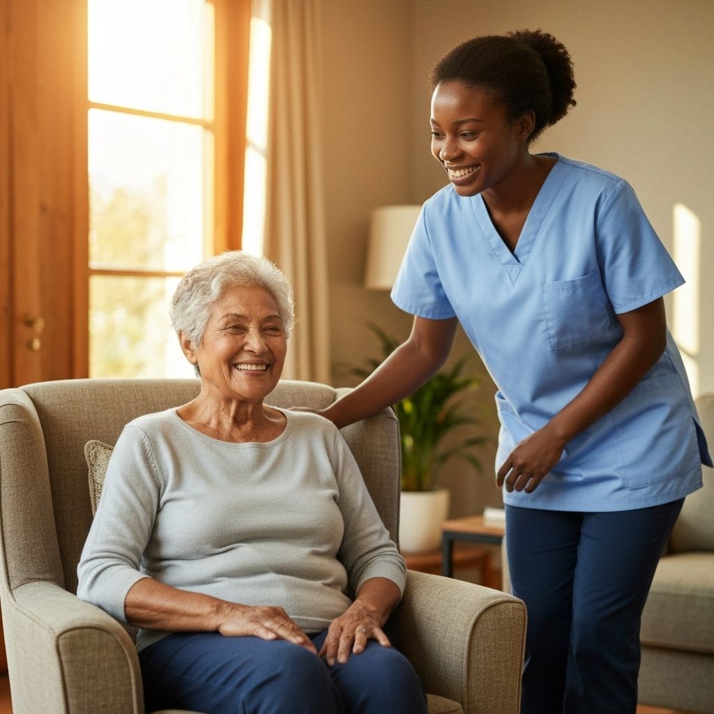 Professional caregiver assisting elderly client
